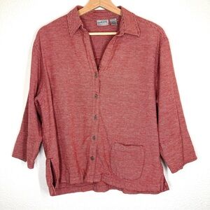 Chicos Women's Linen Shirt Red White Striped Button Down  3/4 Sleeve Size 1